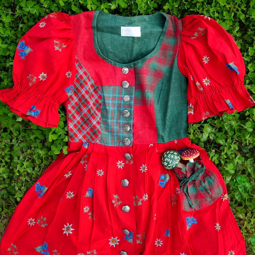 Vintage Sportalm Red and Green Patchwork Maxi Dirndl Dress